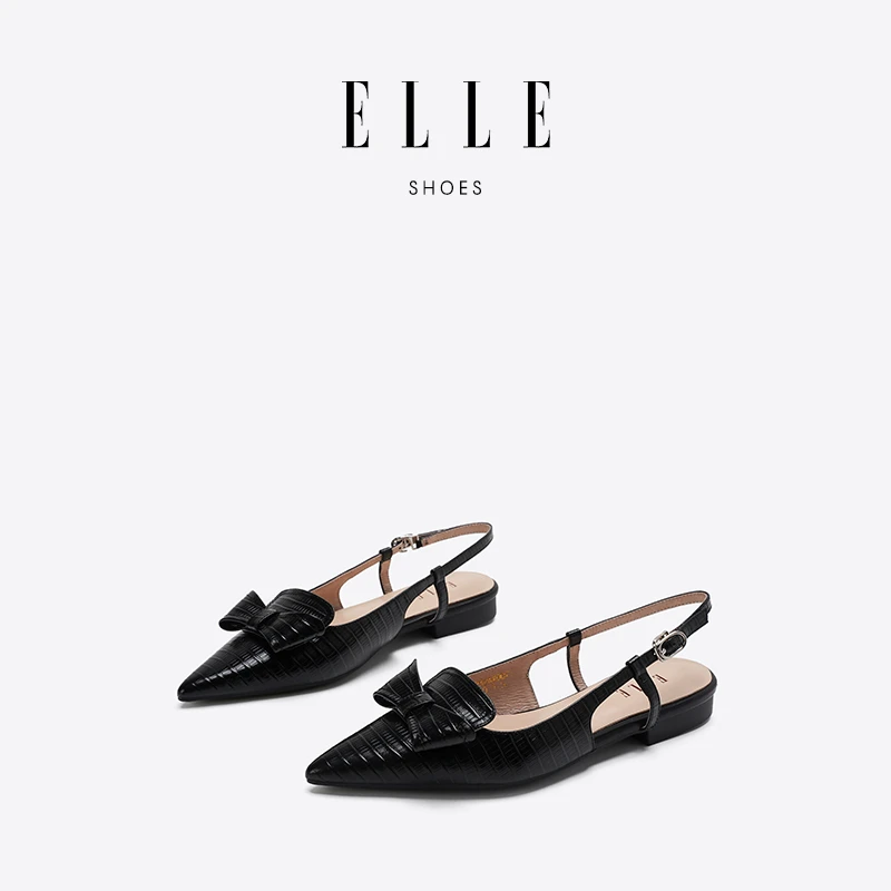 ELLE黑色平底包头沙滩凉鞋夏季2025新款尖头浅口后空女鞋低跟单鞋