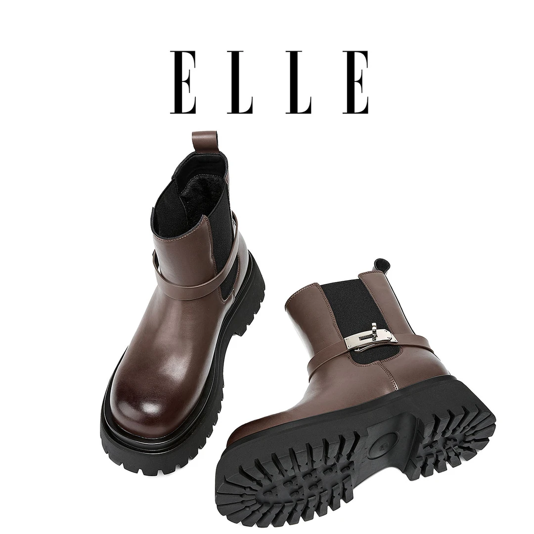 ELLE小个子厚底切尔西靴女款两穿锁扣短靴2025冬季粗跟显瘦马丁靴