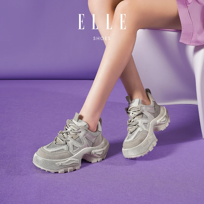 ELLE时尚休闲鞋女新款秋季百搭舒适小白鞋拼色旅游鞋运动老爹鞋女