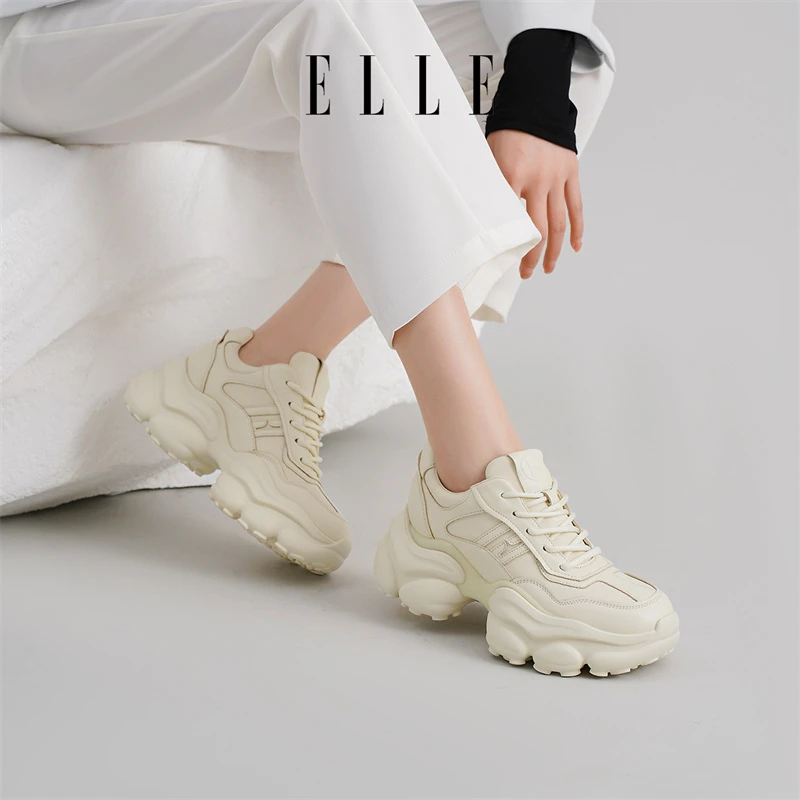 ELLE时尚百搭米白色老爹鞋2025秋季新款小个子内增高运动休闲鞋女