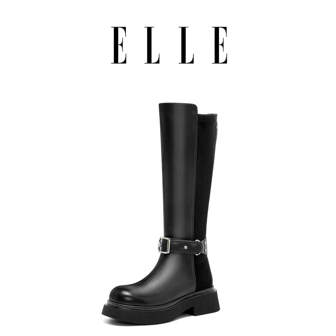 ELLE长筒骑士靴女皮带扣长靴子2025新款冬季不过膝黑色厚底高筒靴