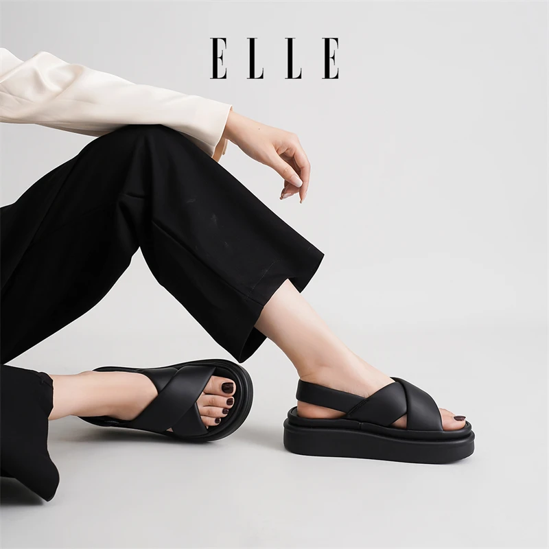 ELLE时尚运动凉鞋女款2025新款露趾罗马凉鞋子厚底可外穿沙滩拖鞋