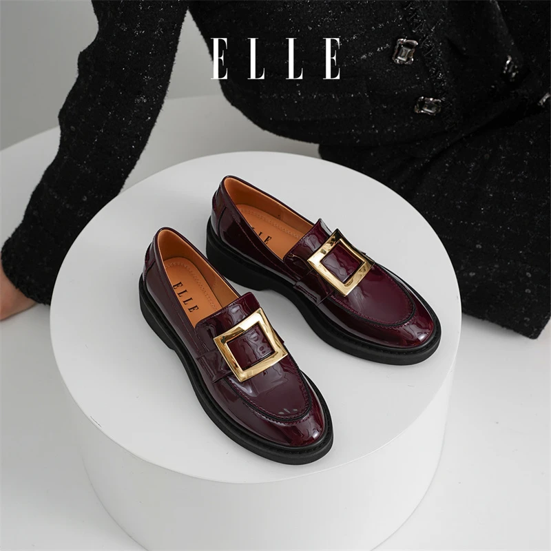 ELLE漆皮鞋一脚蹬乐福女鞋2025新款秋季方扣单鞋厚底粗跟皮懒人鞋