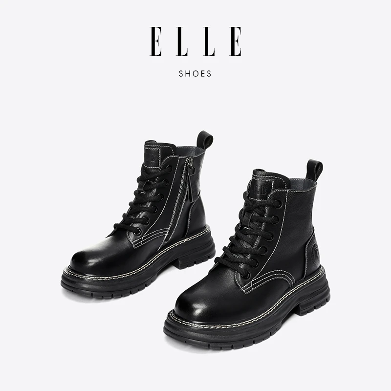 ELLE炸街马丁靴女2025新款冬季黑色今年流行的短靴小个子厚底靴子