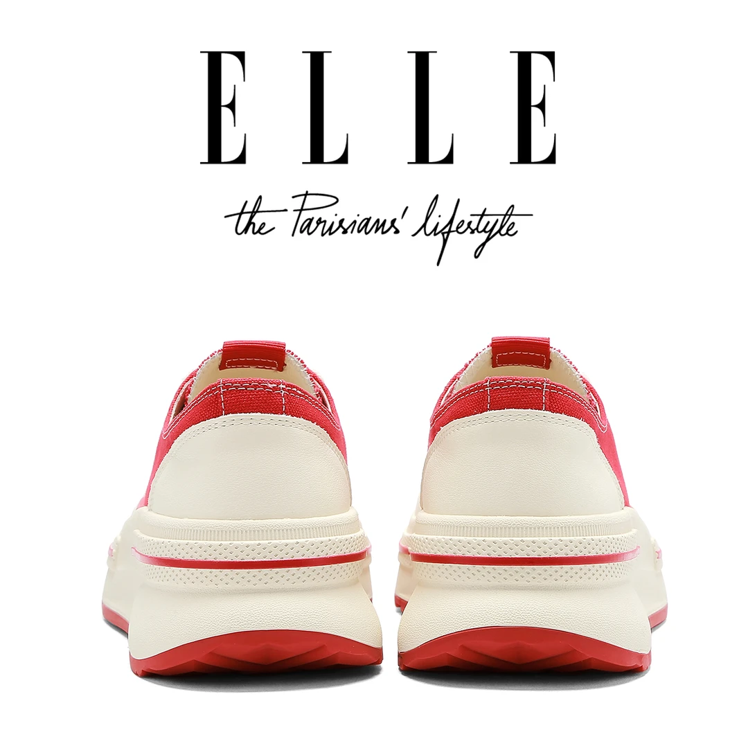 ELLE红色低帮帆布鞋超火厚底鞋子女2025秋季爆款网红运动休闲板鞋