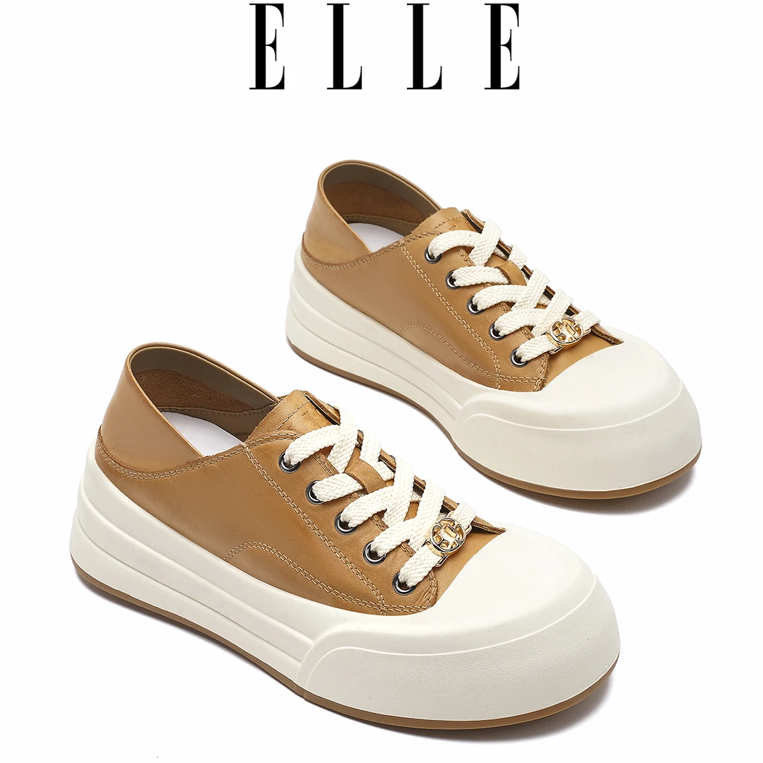 ELLE厚底增高板鞋女百搭两穿小白鞋25秋季新款系带大头丑萌面包鞋