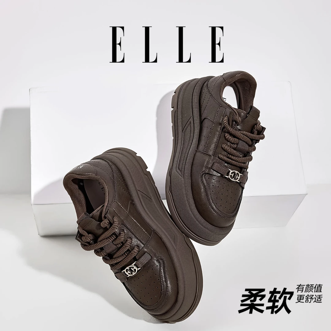 ELLE真皮厚底小白鞋女小个子增高滑板鞋2025新款百搭休闲运动板鞋
