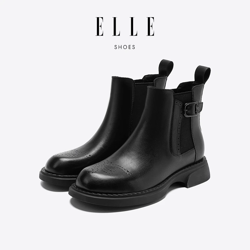 ELLE瘦瘦配裙子小短靴女秋季单靴2025高级感中跟时尚靴切尔西靴子