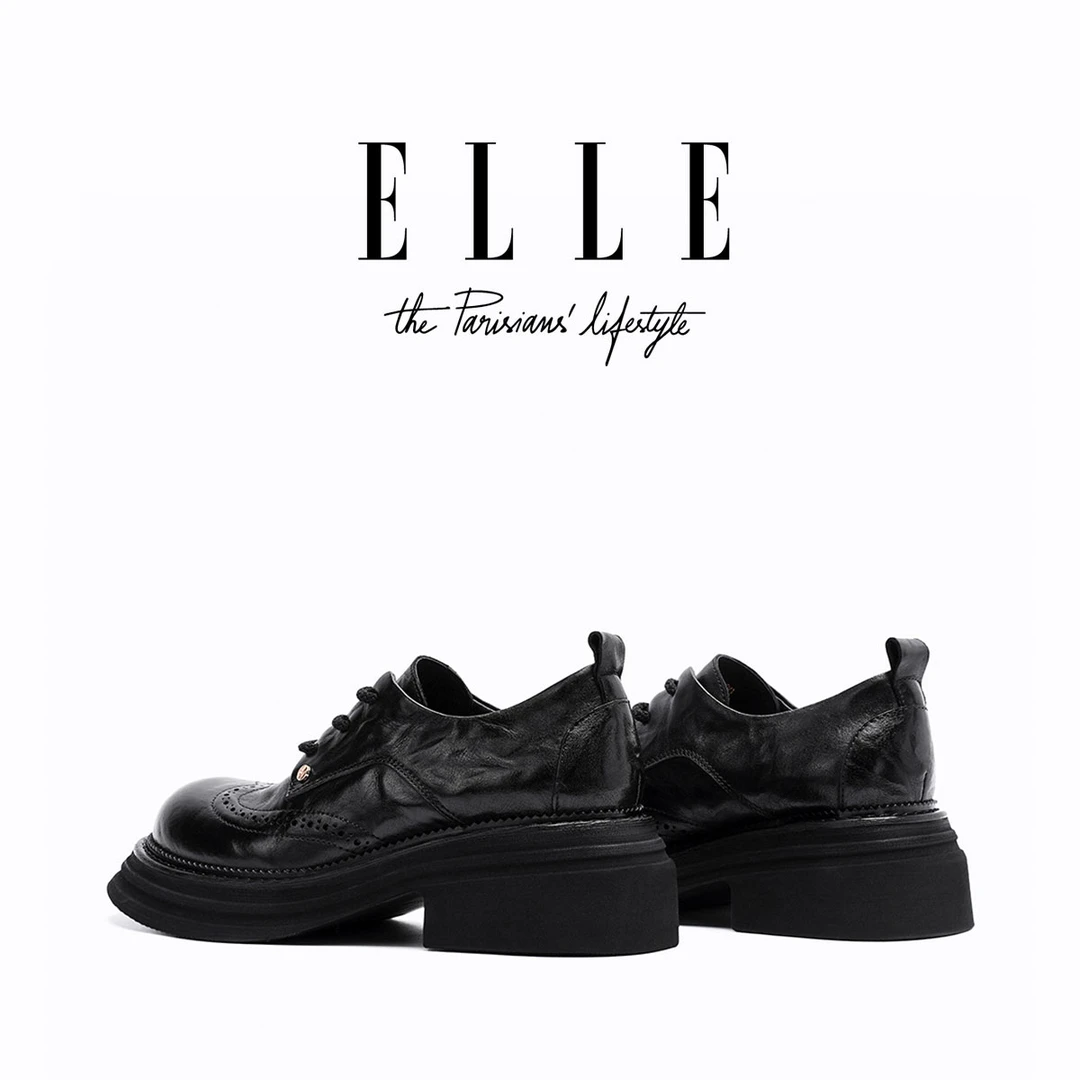 ELLE厚底轻奢优雅复古系带深口单鞋2025新款秋季通勤休闲松糕鞋女