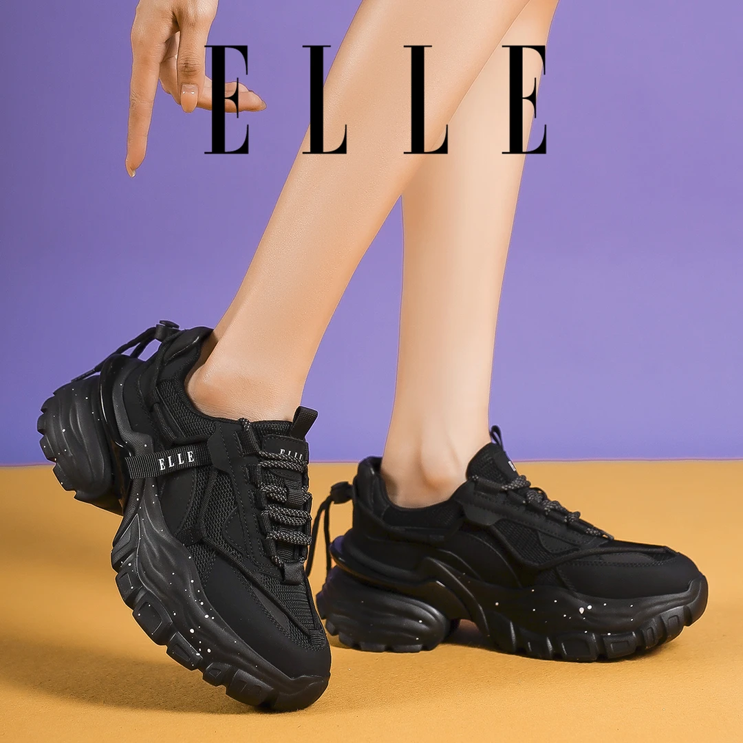ELLE轻便网面透气慢跑鞋女生上班通勤老爹鞋黑色显腿长运动休闲鞋