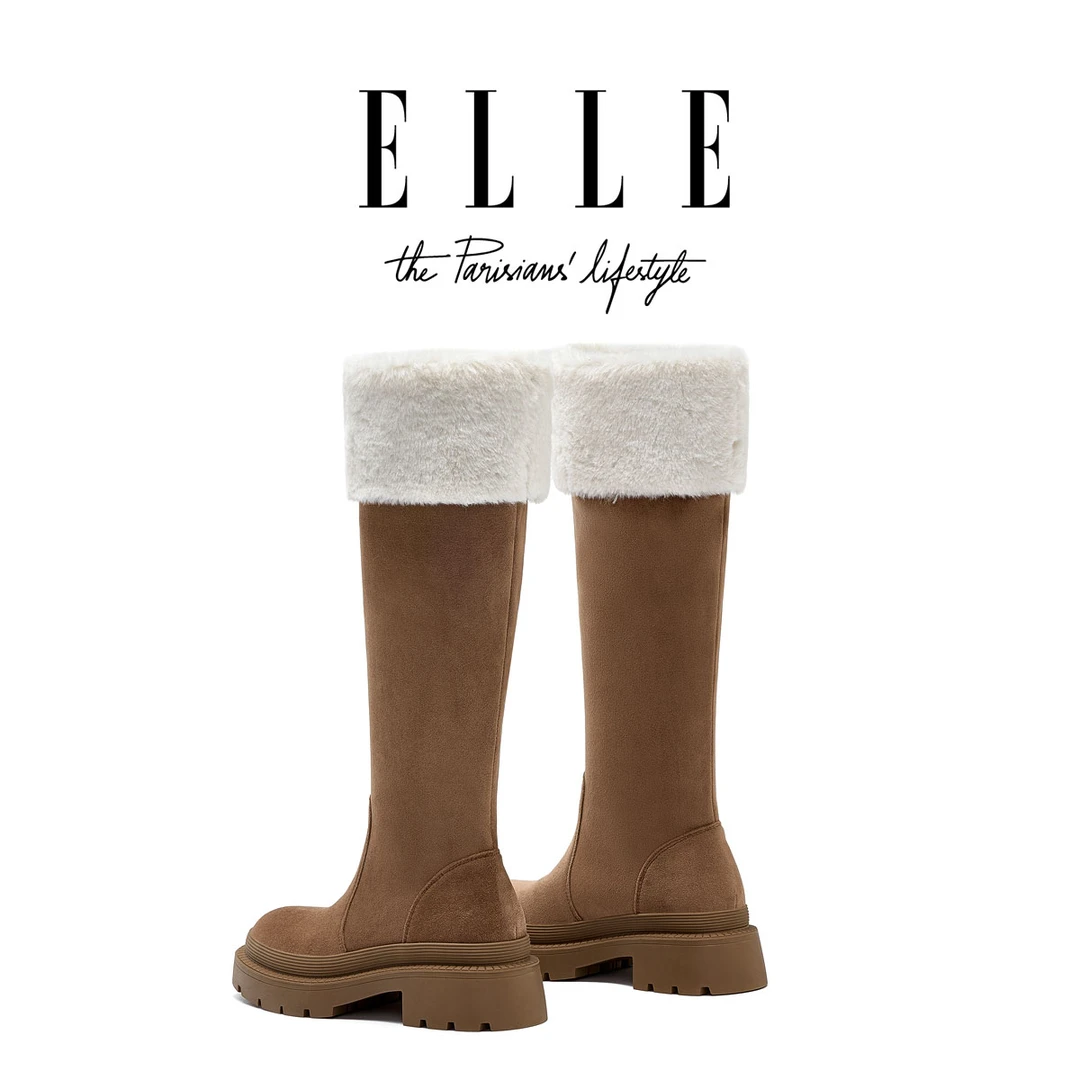 ELLE厚底勃肯雪地靴女款2025新款增高翻毛皮长筒靴保暖显瘦高筒靴