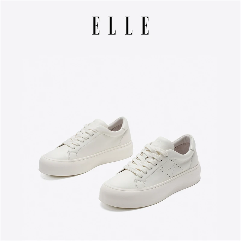 ELLE真皮小白鞋女板鞋新款牛皮2025秋时尚休闲百搭厚底增高运动鞋