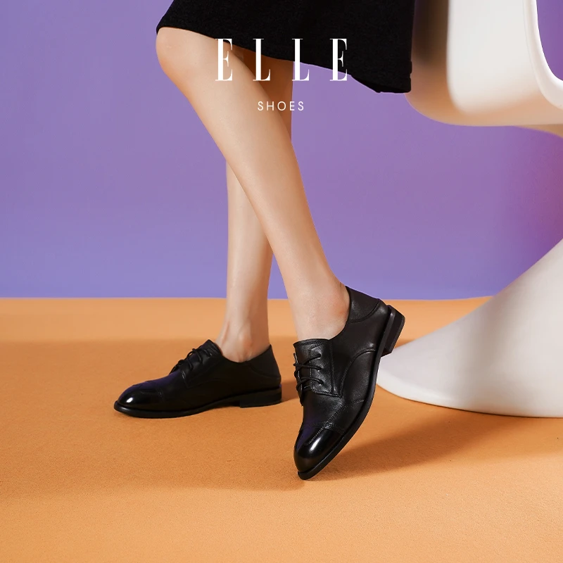 ELLE牛津鞋女2025秋季商场新款英伦风羊皮粗跟软底小皮鞋商务圆头