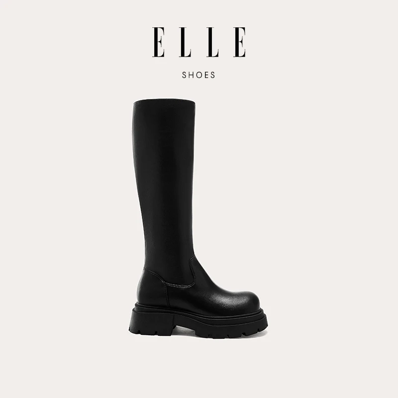 ELLE欧美风长筒靴女靴秋季粗腿2025新款加绒时装靴百搭小个子长靴