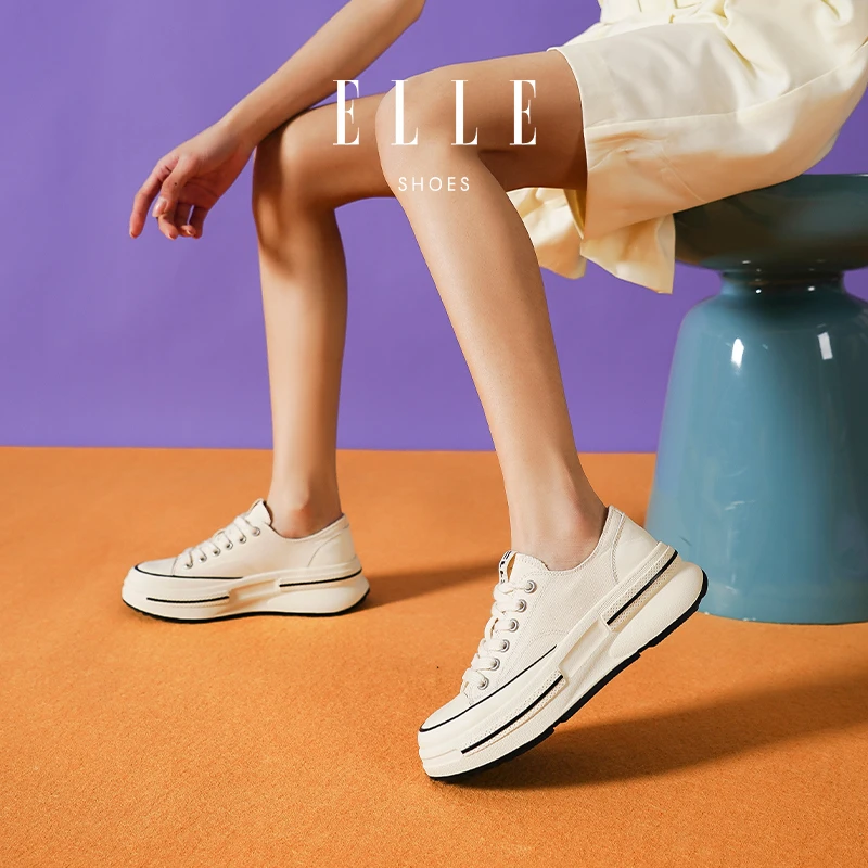 ELLE帆布鞋厚底2025年新款秋季百搭鞋爆款单鞋系带鞋运动休闲板鞋
