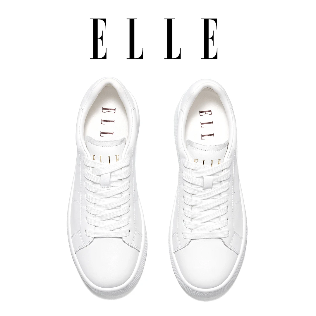 ELLE真皮厚底系带小白鞋女2025秋季新款时尚百搭经典款学院风板鞋