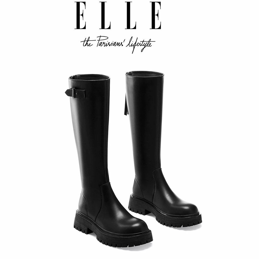 ELLE不过膝长筒靴显瘦厚底增高百搭高筒骑士靴子2025新款加绒女靴