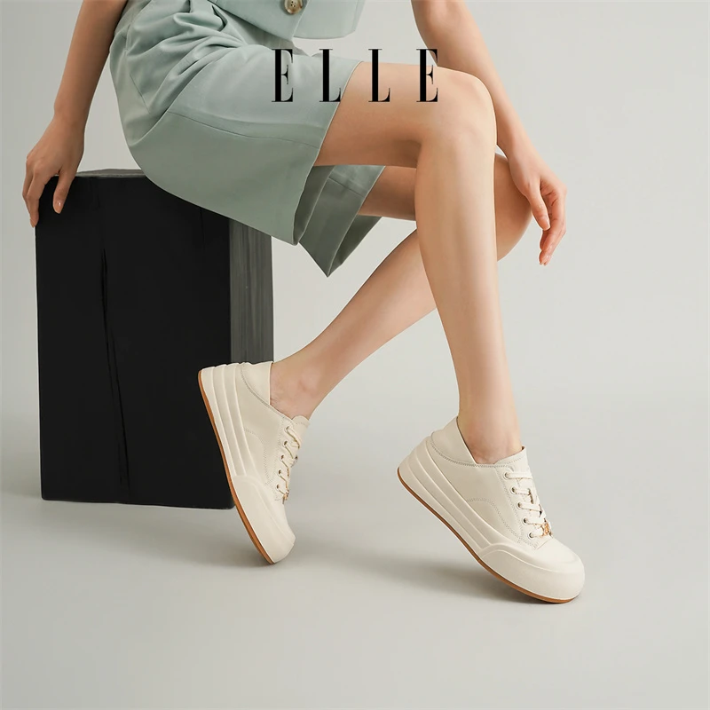 ELLE时尚百搭真皮休闲板鞋2025秋季新款圆头松糕底小白鞋平底女鞋