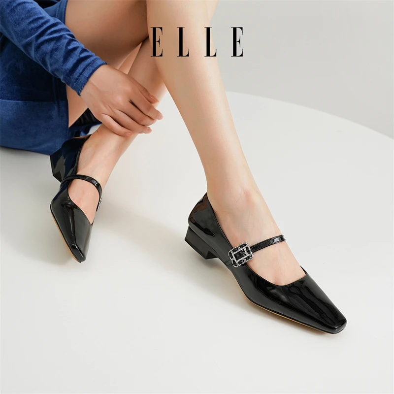 ELLE时尚休闲百搭真皮浅口单鞋女2025秋季新款欧美风方头玛丽珍鞋