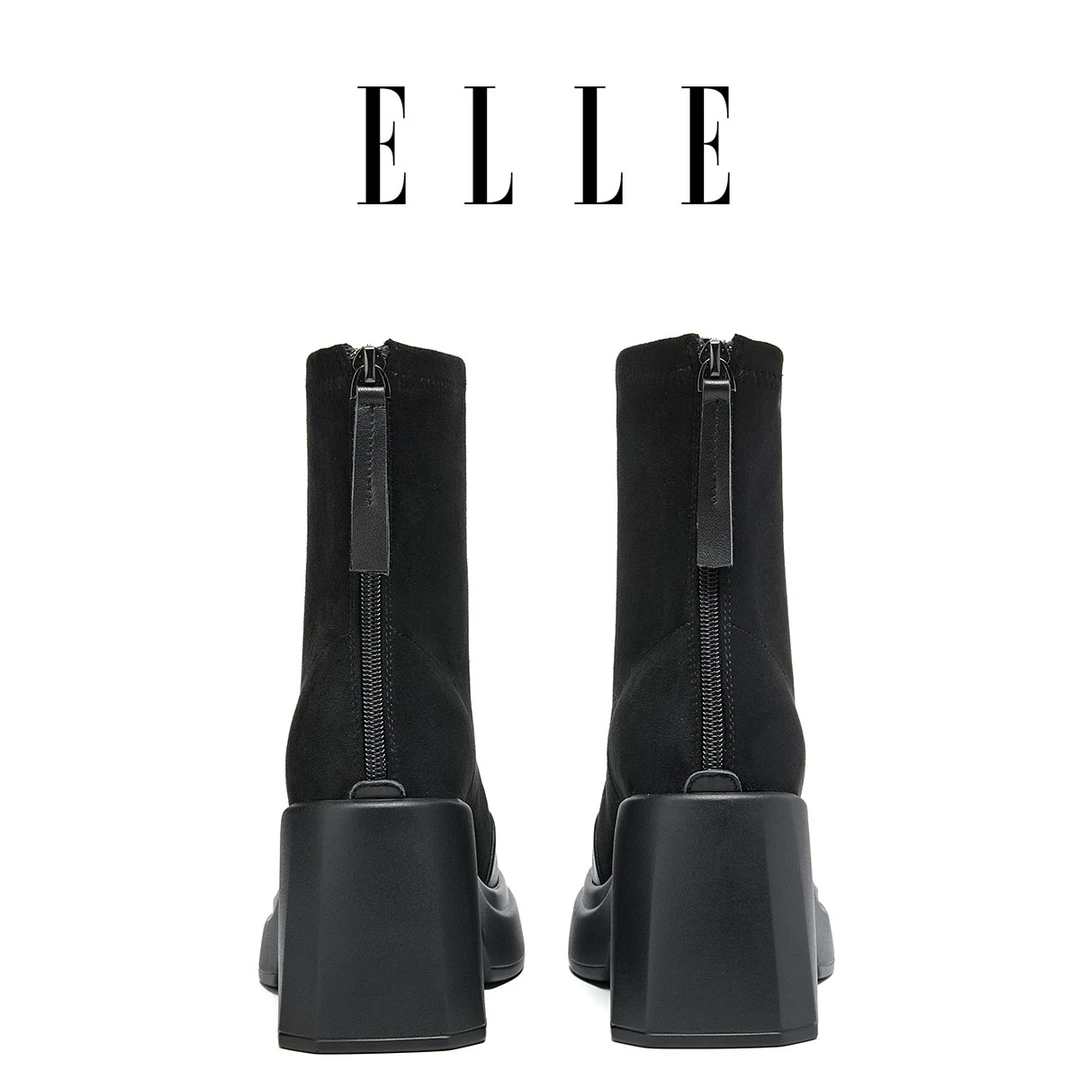 ELLE真皮高跟袜靴女加绒小个子弹力瘦瘦靴2025新款绒面厚底马丁靴