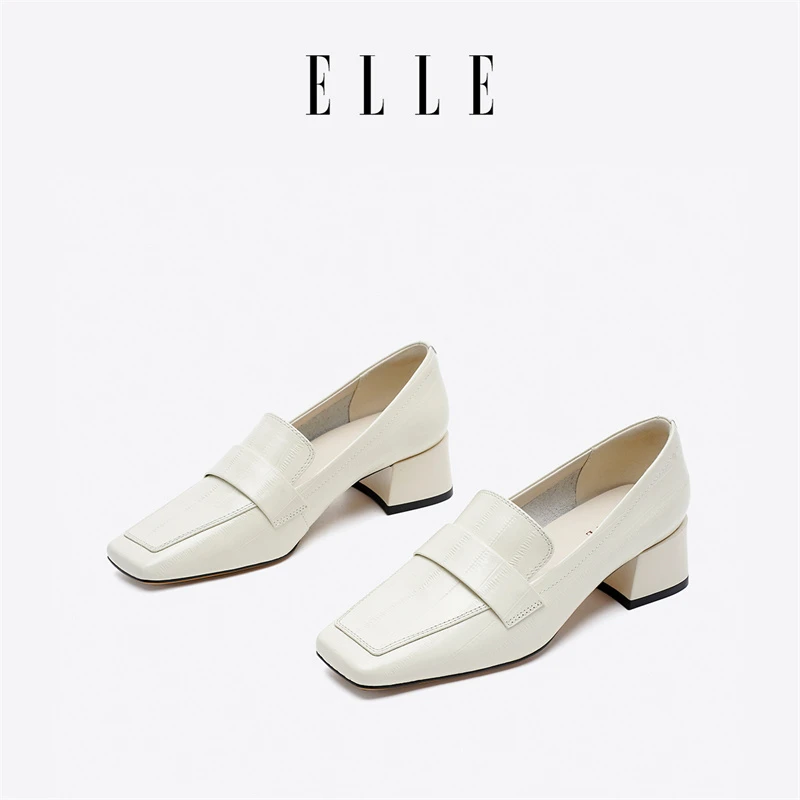 ELLE超火方头豆豆乐福鞋女气质显瘦高跟鞋不累脚中跟法式晚风单鞋