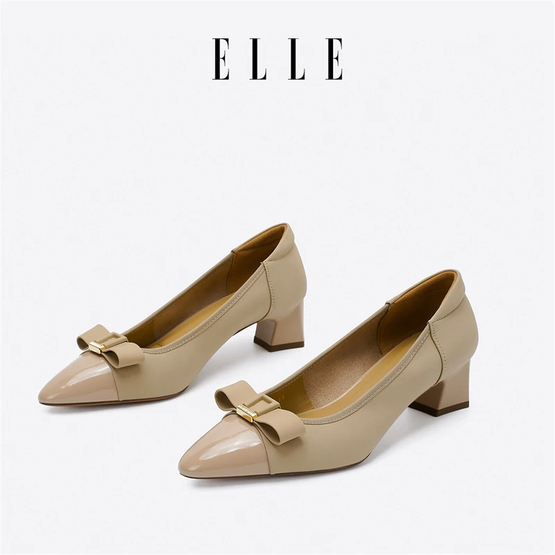 ELLE蝴蝶结通勤风粗跟配裙子气质单鞋女秋季2025新款浅口真皮女鞋