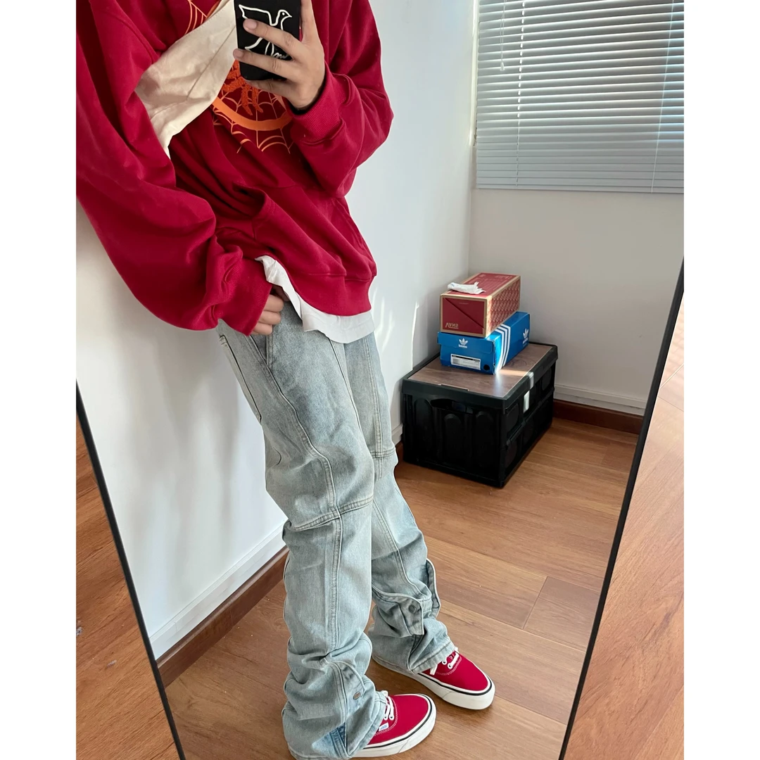 FYKSHOP国潮原创潮牌纽扣设计感水洗牛仔裤直筒堆积长裤男女款ins