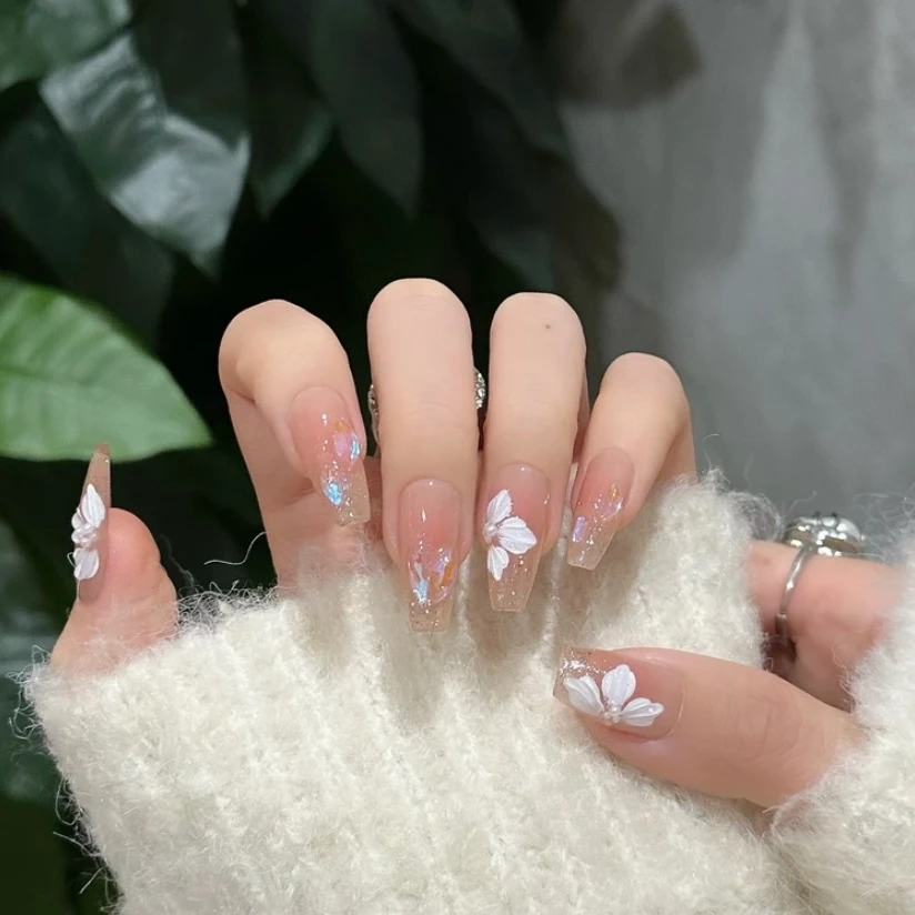 【朝花夕拾】温精灵冰花冰透日常纯手工光疗穿戴甲孕妇可用不刮头发