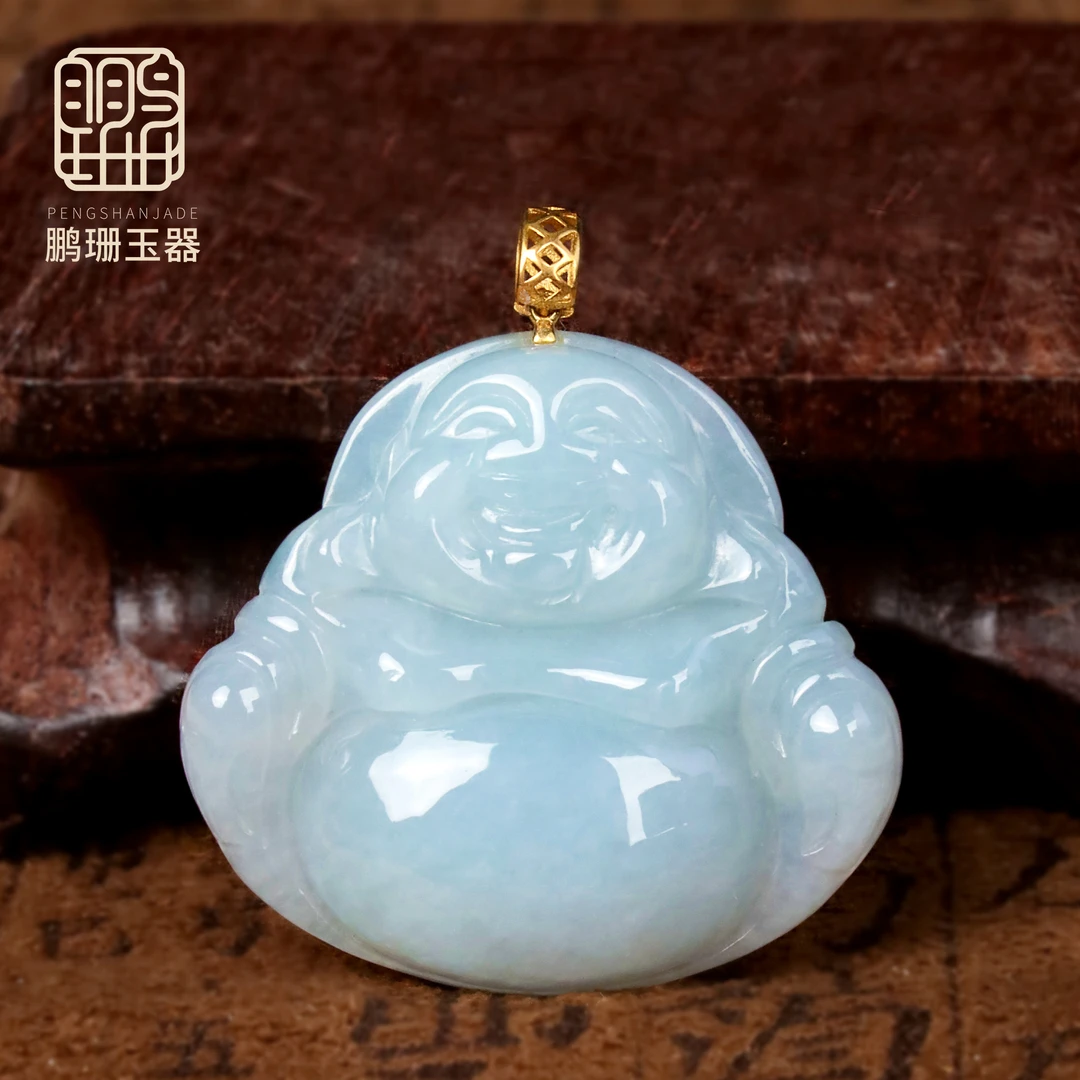 天然翡翠A货镶18K金扣头弥勒佛公吊坠天空蓝PK396多样性发其一