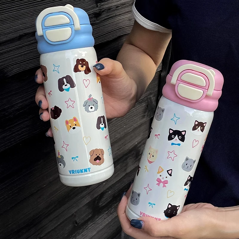 猫咪陶瓷内胆保温杯吸管可爱学生水杯女生新款2024高颜值随手杯