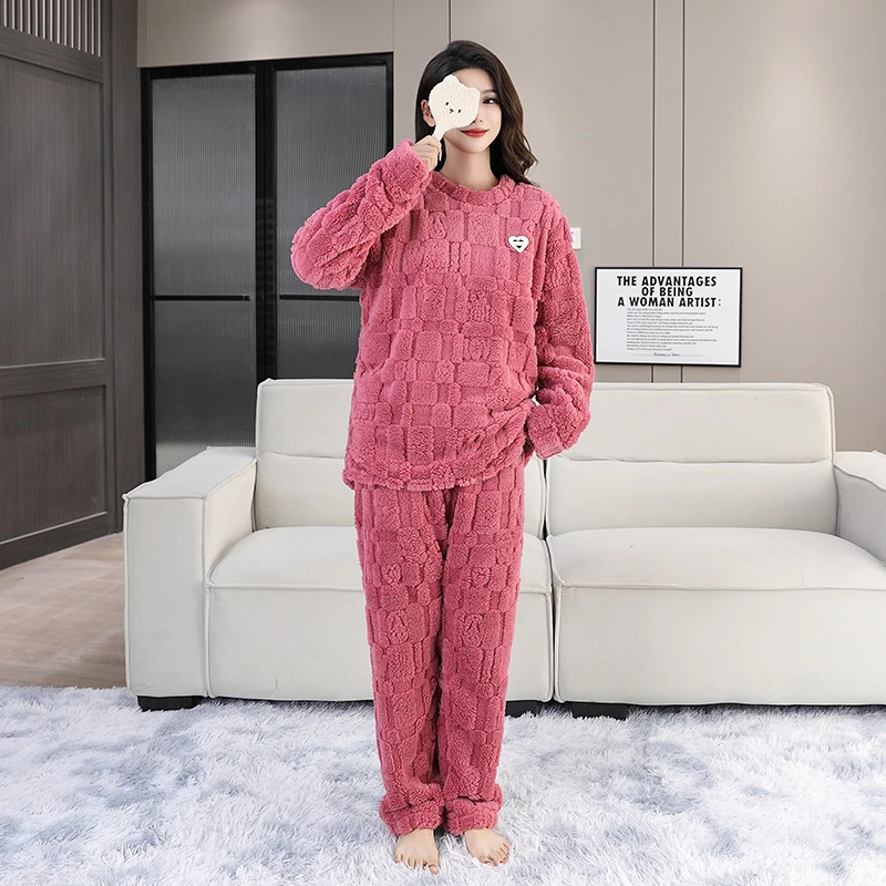 加厚秋冬季珊瑚绒睡衣女长袖大码保暖法兰绒睡衣情侣家居服套装女