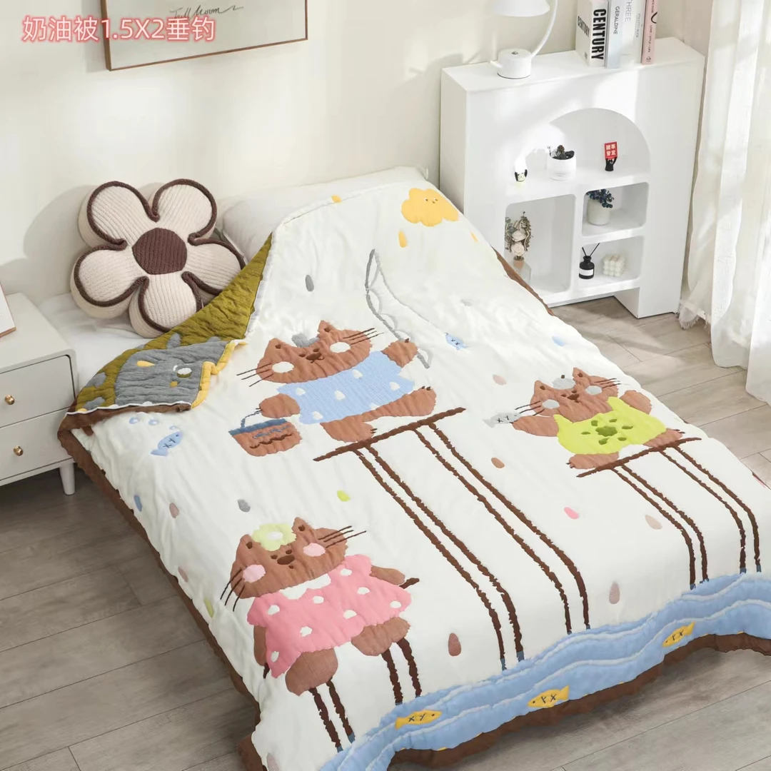【钓鱼喵】150*200cm5斤全棉纱布泡芙被子柔软舒适加厚保暖亲肤