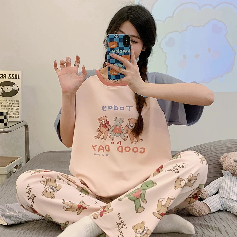 【7A抗菌】纯棉睡衣女套装夏天短袖长裤可爱加大码春夏季薄款家居服