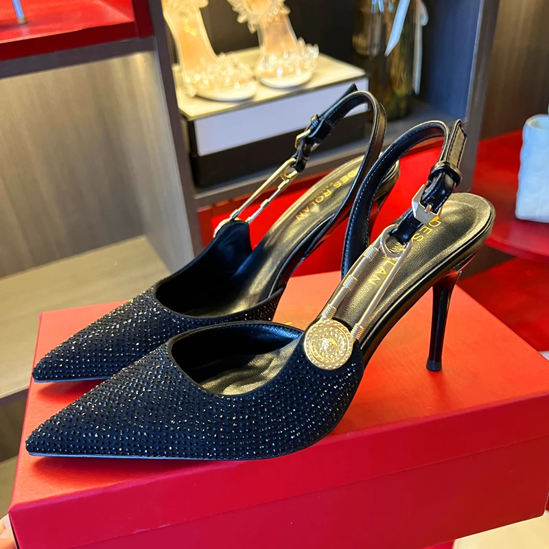 【LVTE心选】2025新款黑色水钻尖头高跟鞋女细跟满钻包头宴会水晶鞋