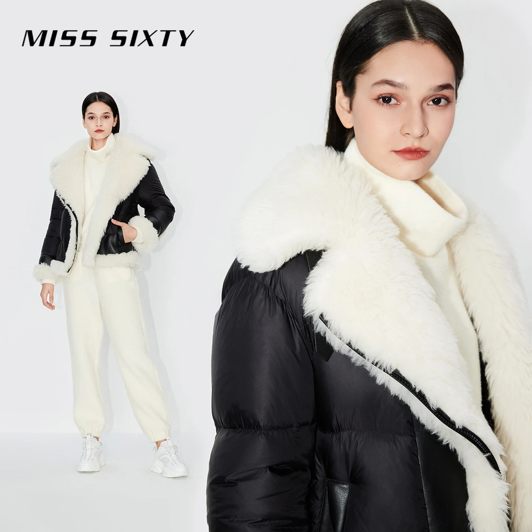 Miss Sixty拼接毛领加厚羽绒翻领羽绒服女装高端热力感