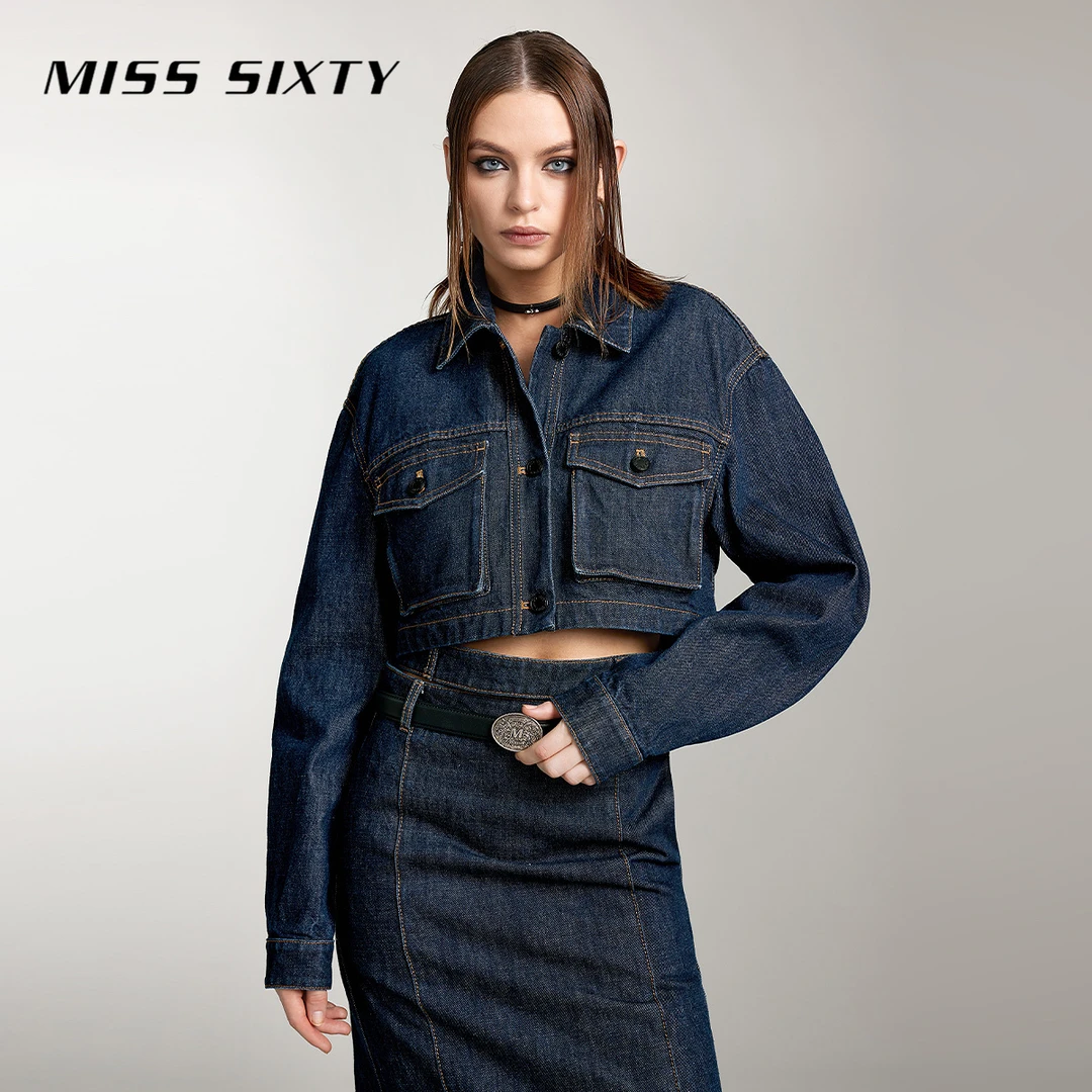Miss Sixty2024秋季新款牛仔外套女翻领短款美式复古休闲工装风