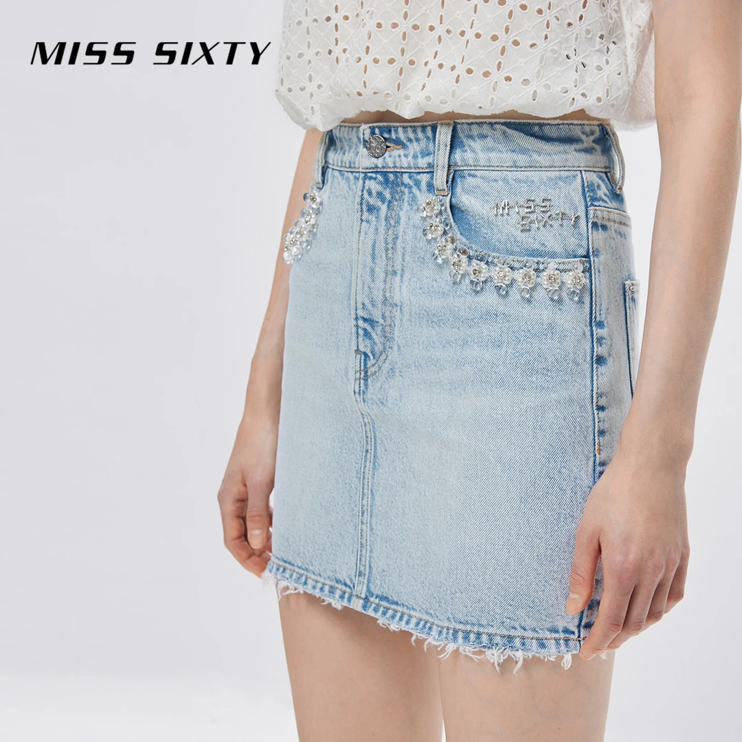 Miss Sixty夏季牛仔短裙包臀钉珠半身裙显瘦性感短款百搭修身纯棉