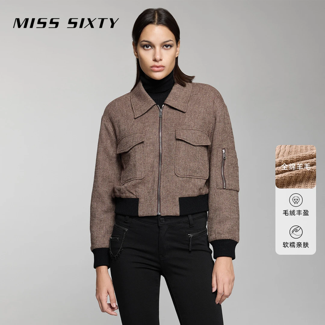 Miss Sixty呢料外套女Polo领拼色拉链显瘦短款复古气质美拉德穿搭