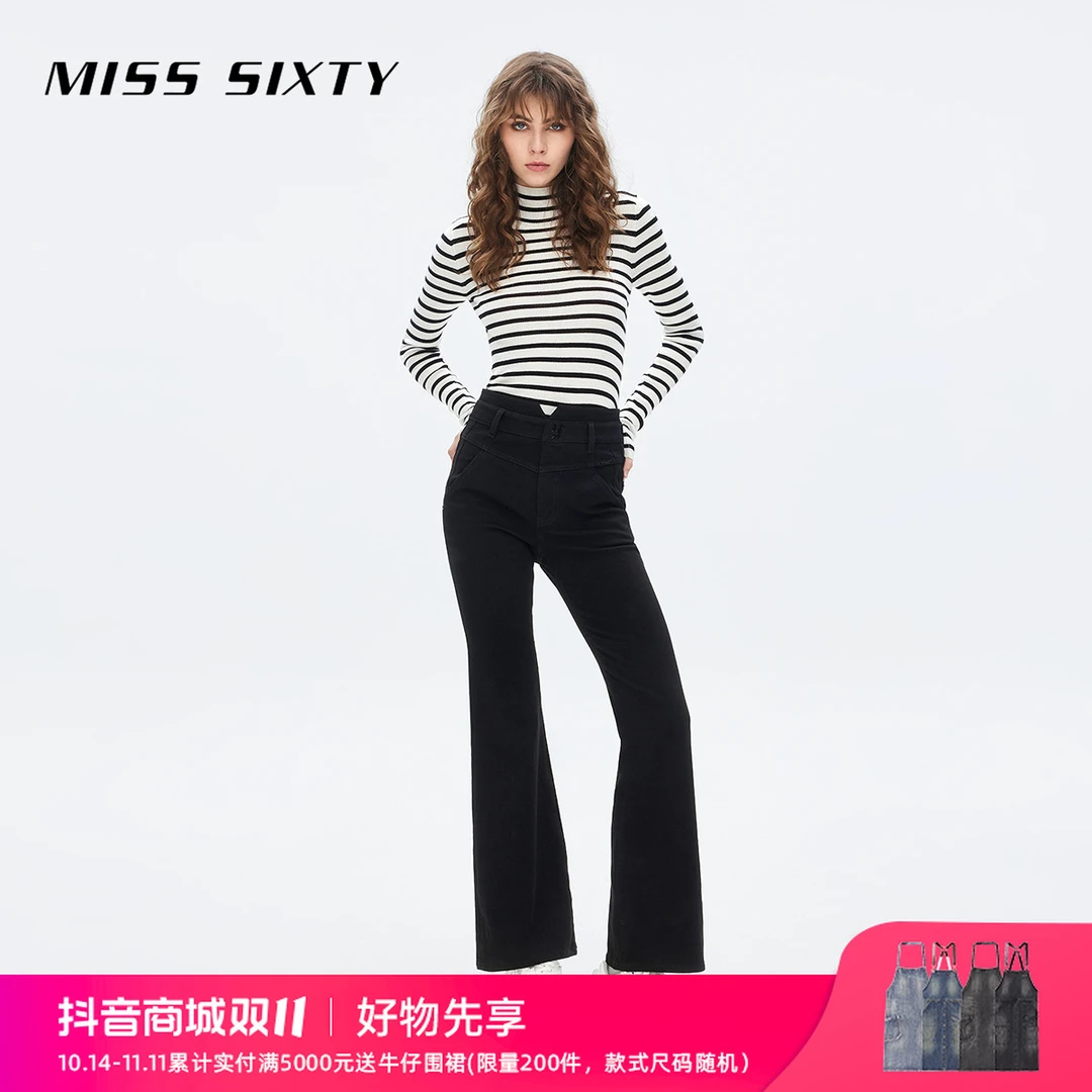 MissSixty黑色牛仔裤高腰秋冬女小v腰微喇叭复古修身显瘦丹宁风