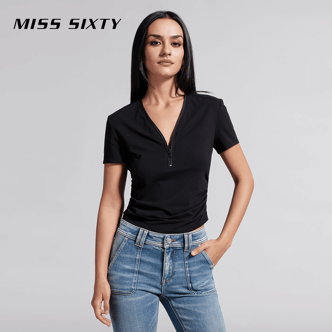 Miss Sixty2024夏季新款T恤V领拉链褶皱简约显瘦辣妹百搭尤莱特