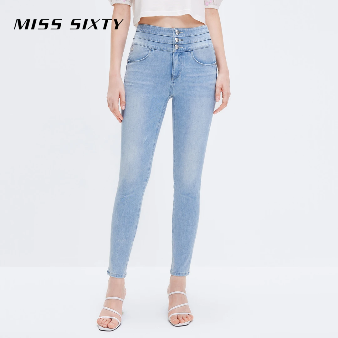 Miss Sixty紧身薄款小脚裤女三环高腰弹力修身蓝色牛仔裤尤莱特