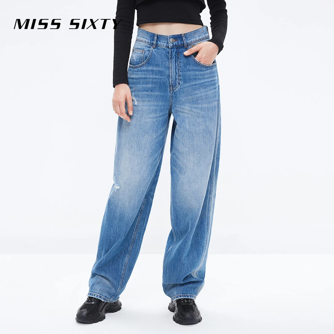 【进口牛仔面料】Miss Sixty牛仔裤女高腰阔腿宽松休闲高街金属链