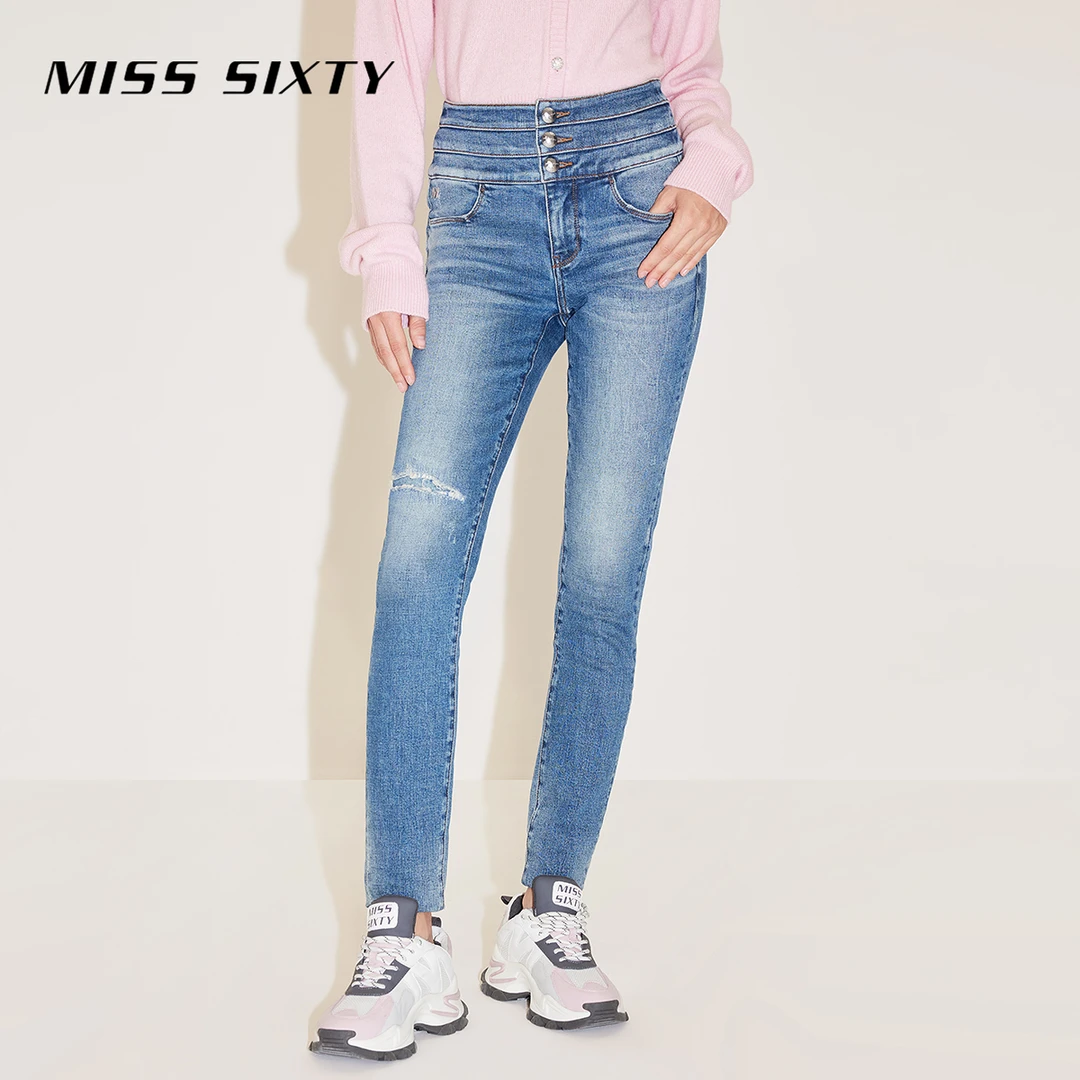 Miss Sixty秋季新款牛仔裤三环高腰修身破洞复古长裤尤莱特