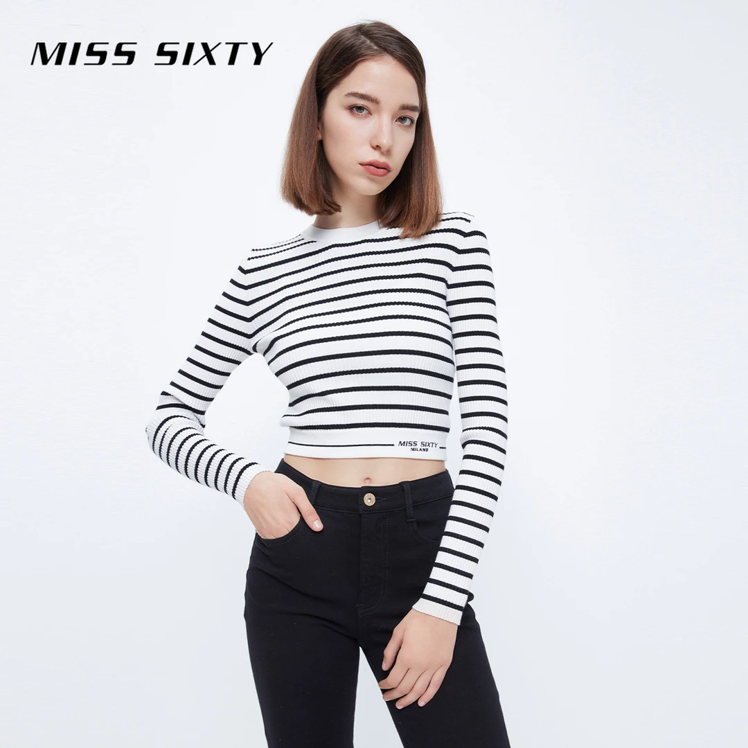 Miss Sixty女士圆领针织条纹刺绣高弹短款修身套头衫黑白上衣