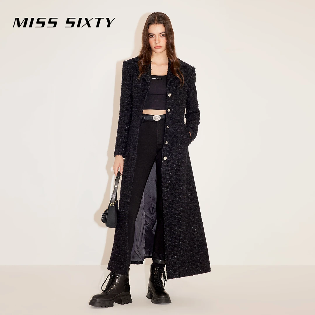 Miss Sixty2023冬季新款呢料大衣女气质垫肩高级感长款黑色小香风