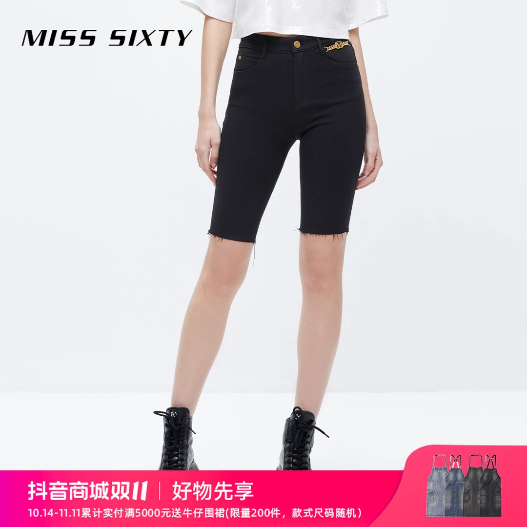 Miss Sixty2023春季牛仔短裤女弹力修身短款复古金属链黑色显瘦