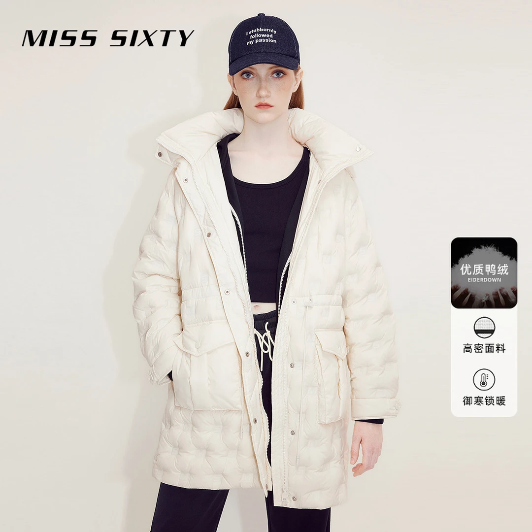 MissSixty冬季羽绒服女可拆卸帽抽绳保暖中长款加厚外套热力感