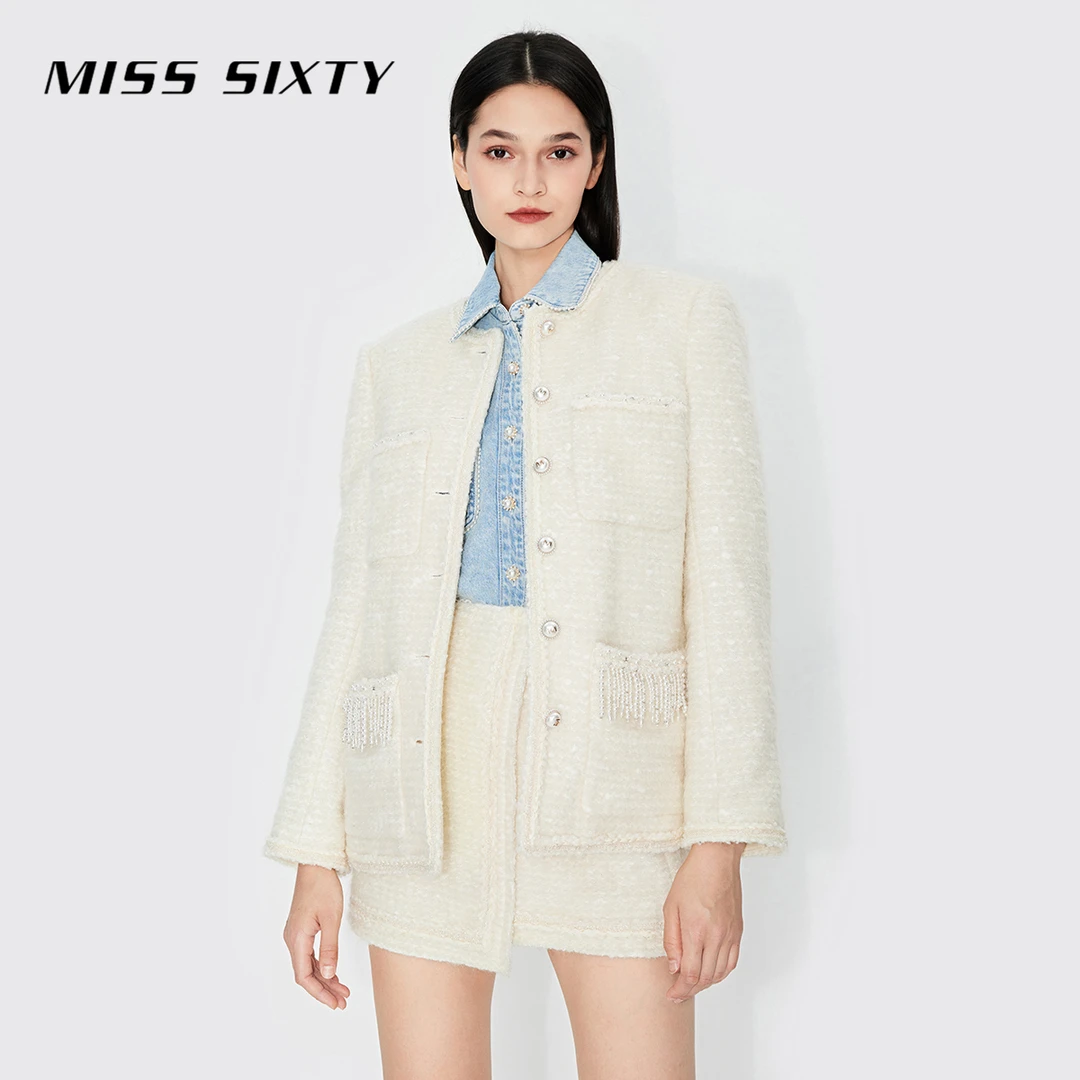 Miss Sixty冬季毛呢外套圆领重工钉珠单排扣轻奢小香风新年