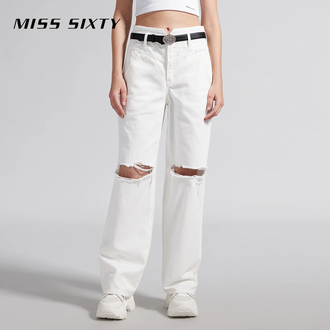 Miss Sixty新款牛仔裤女小v腰破洞白色高街百搭尤莱特