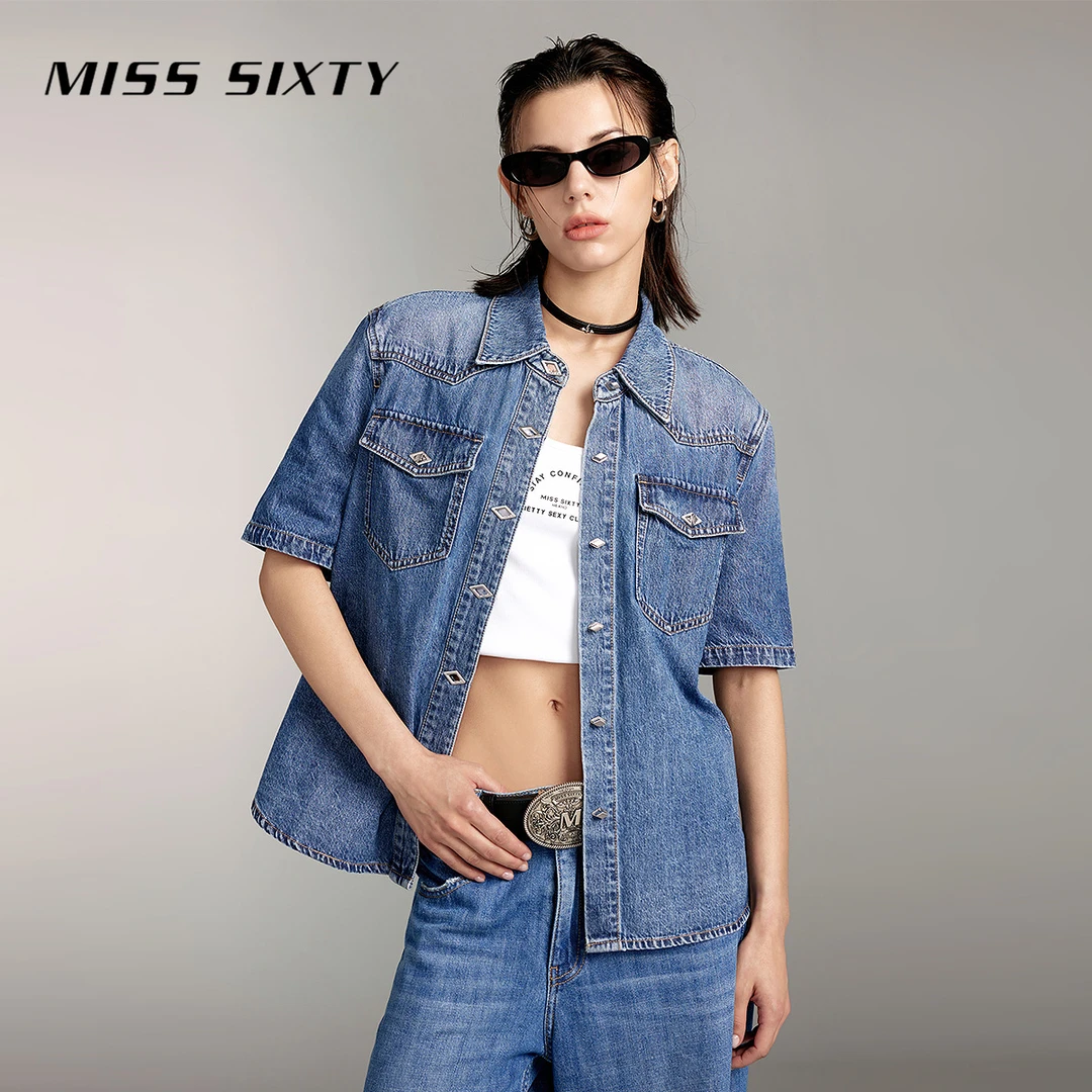 MissSixty衬衣翻领牛仔衬衫女短袖复古蓝高能感薄款气质休闲上衣
